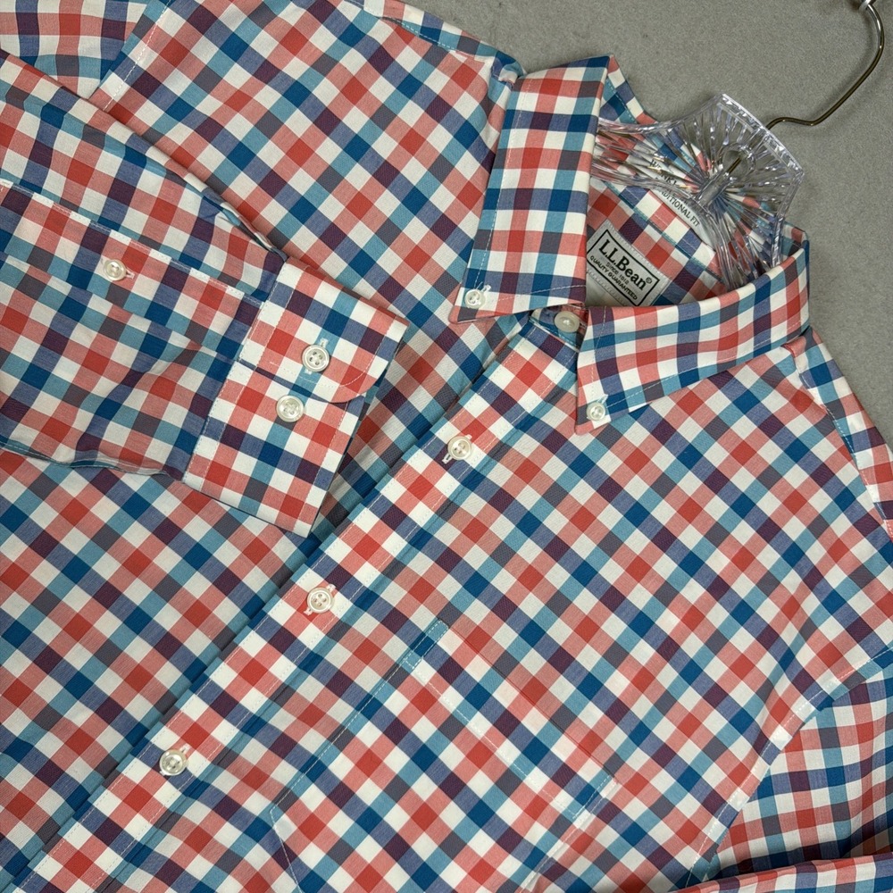 L.L.Bean Men's Traditional Fit Wrinkle Resistant Blue/Red Plaid Shirt Med NWOT